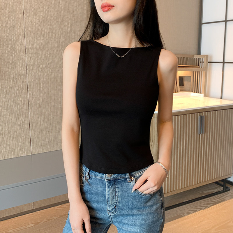 夏季法式一字领螺纹背心女士纯色修身百搭打底衫外穿内搭无袖T恤