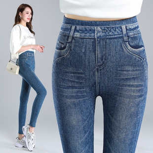秋冬仿牛仔打底裤女外穿高腰提臀小脚裤显瘦百搭松紧腰加绒长裤