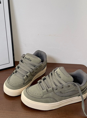 美式港风小众情侣墨绿色系带板鞋男2025冬季新款百搭休闲运动鞋女