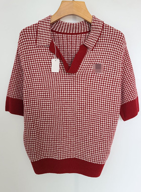 5393麦穗 复古格纹经典无扣V领POLO衫 优雅修身针织套头上衣