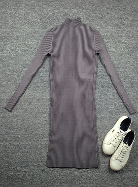 4356西K 超大弹力坑纹中领连衣裙 秋冬针织中裙 约会短裙舒适裙子