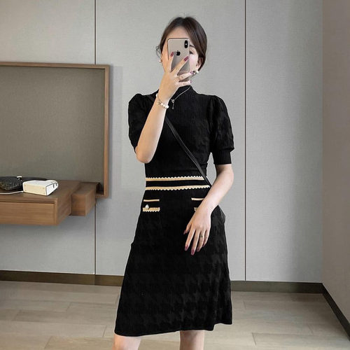 5338法式轻奢SD 千鸟纹针织短袖连衣裙 通勤穿搭优雅亲肤短裙收腰