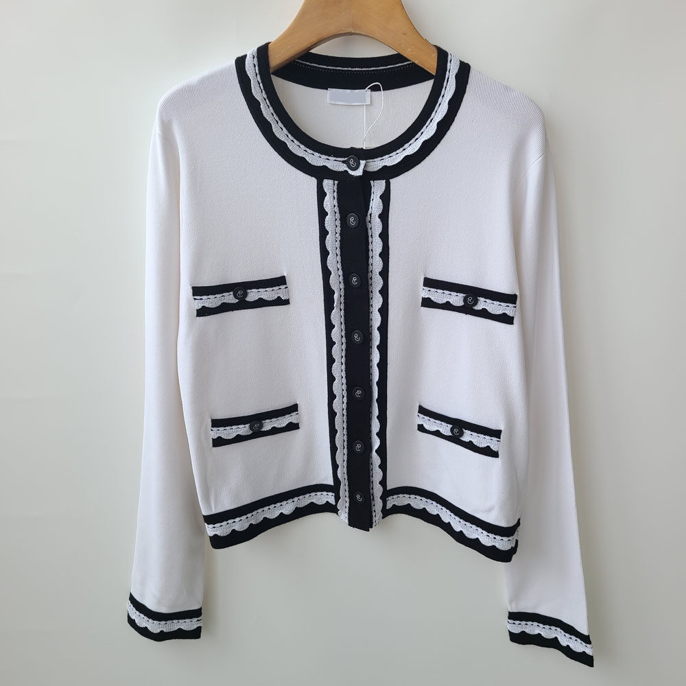 5107法式轻奢CP 经典黑白撞色优雅针织开衫 木耳花边轻薄毛衣外套