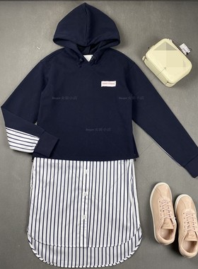 3557鱼 柬埔寨产 连帽卫衣拼接条纹衬衫连衣裙 超酷女孩法式穿搭