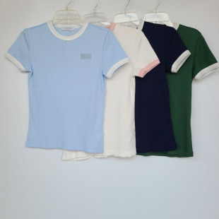 夏新 正肩套头衫 多巴胺纯棉螺纹圆领T恤衫 上衣 弹力短袖 5483鱼