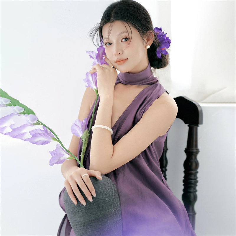 사진 스튜디오 프랑스어 사진 의류 보라색 리본 V 넥 민소매 서스펜더 드레스 출산 광택 휴가 긴 드레스