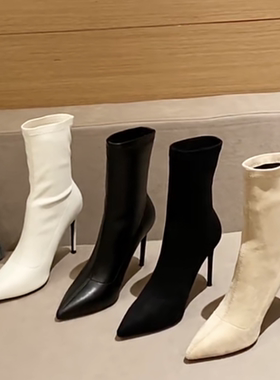 2025春秋短靴女高跟弹力中筒黑色尖头细跟百搭瘦瘦靴绒面白色靴子
