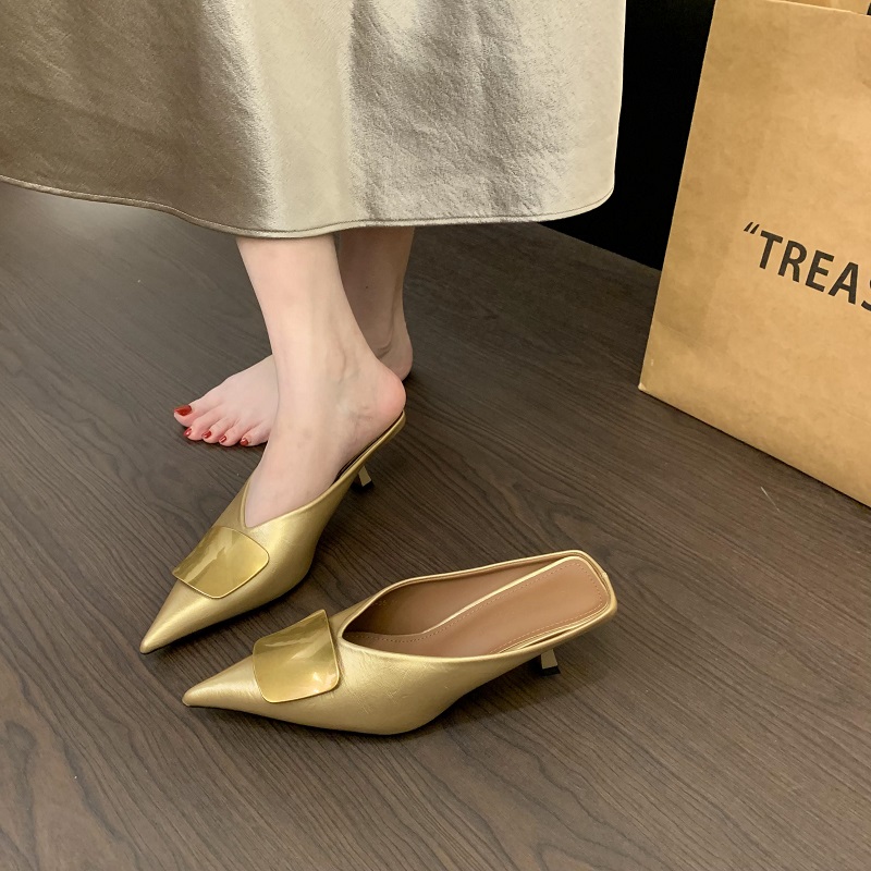 猫跟金属方扣包头凉拖2025夏新款