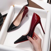 2025新款 性感细跟浅口百搭气质单鞋 高跟鞋 女红底黑红渐变漆皮时尚