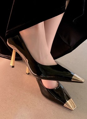朴彩英rose同款高跟鞋女2025新款性感漆皮金属头方头细跟大码单鞋