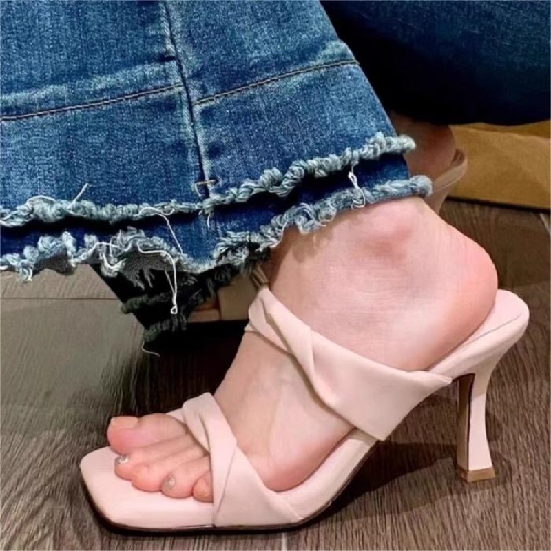 细跟方头一字带高跟鞋新款凉拖女