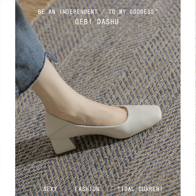 粗跟方头中跟软底高跟鞋单鞋