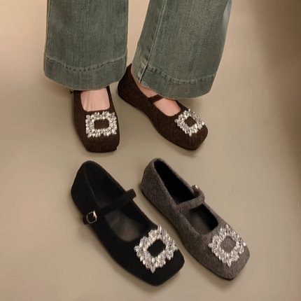 法式方头水钻毛毛鞋女外穿加绒棉鞋秋冬季新款温柔玛丽珍晚晚鞋子
