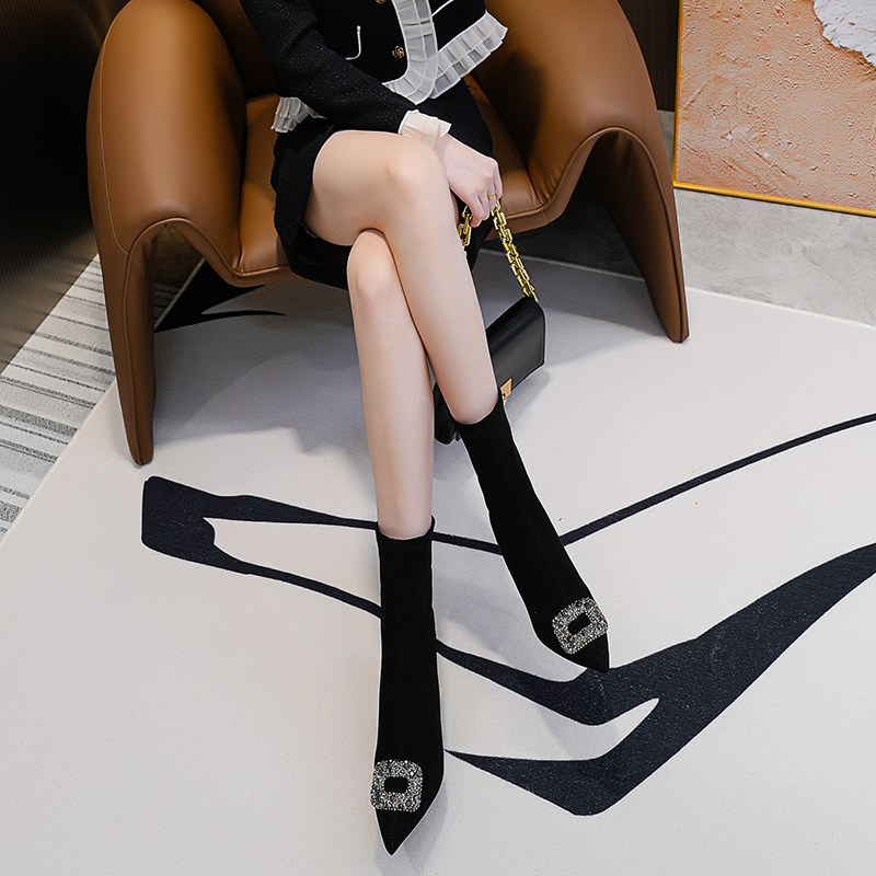 短靴水钻尖头单靴女2025春秋新款