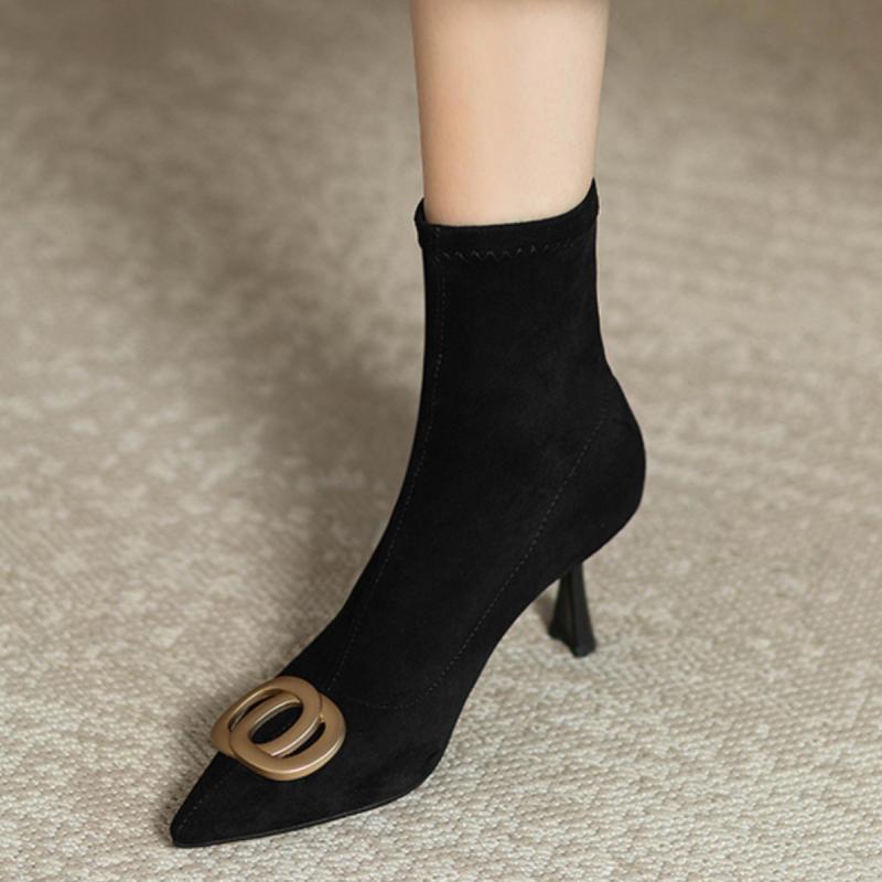 瘦瘦靴细跟尖头金属扣时尚短靴女