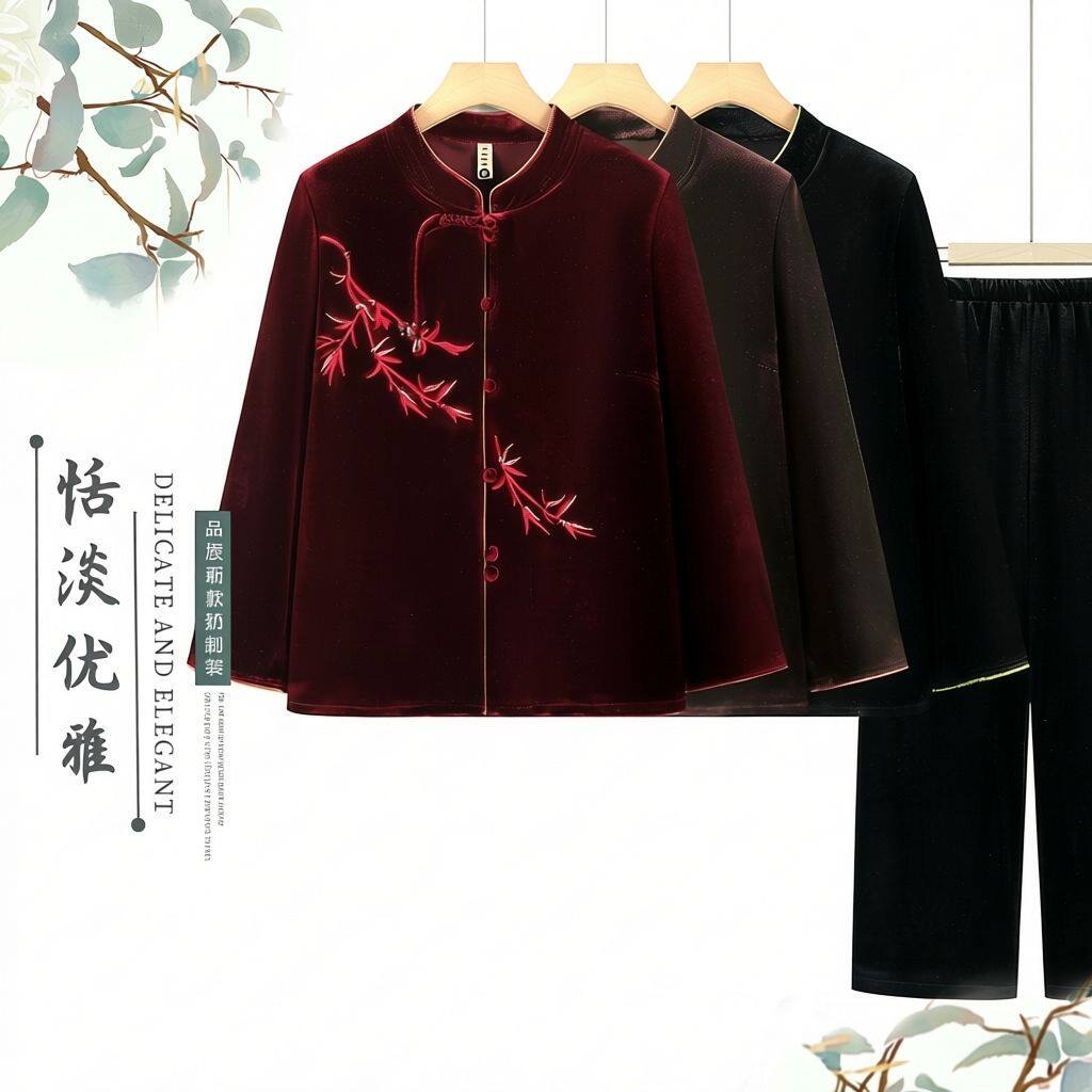 中老年春装套装丝绒中式