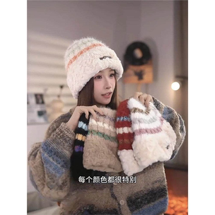 加绒保暖显脸小毛绒针织帽女秋冬新款韩版拼色时尚百搭冷帽护耳潮