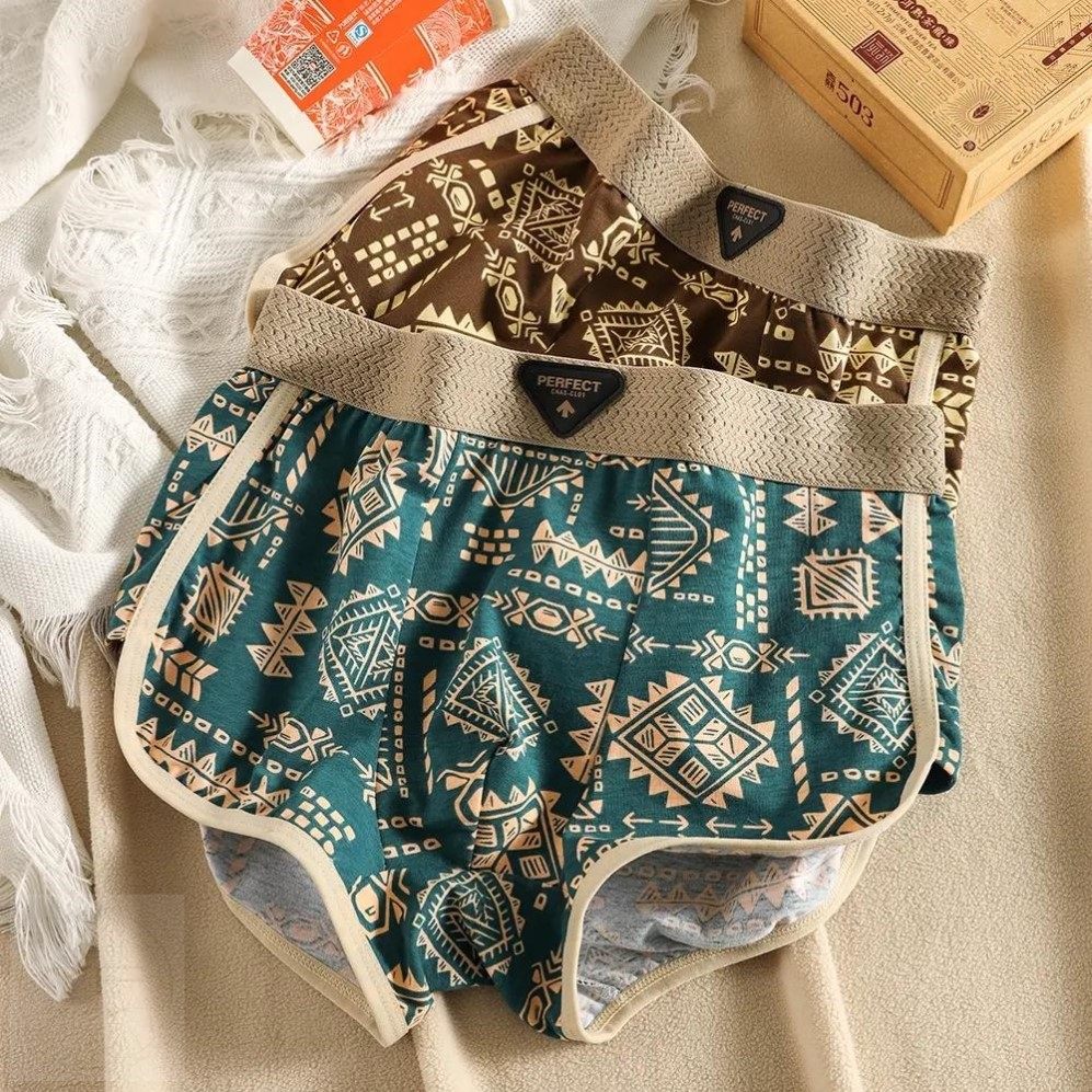 美式复古民族风男士内裤纯棉舒适秋冬四平角裤潮流个性男生短裤衩