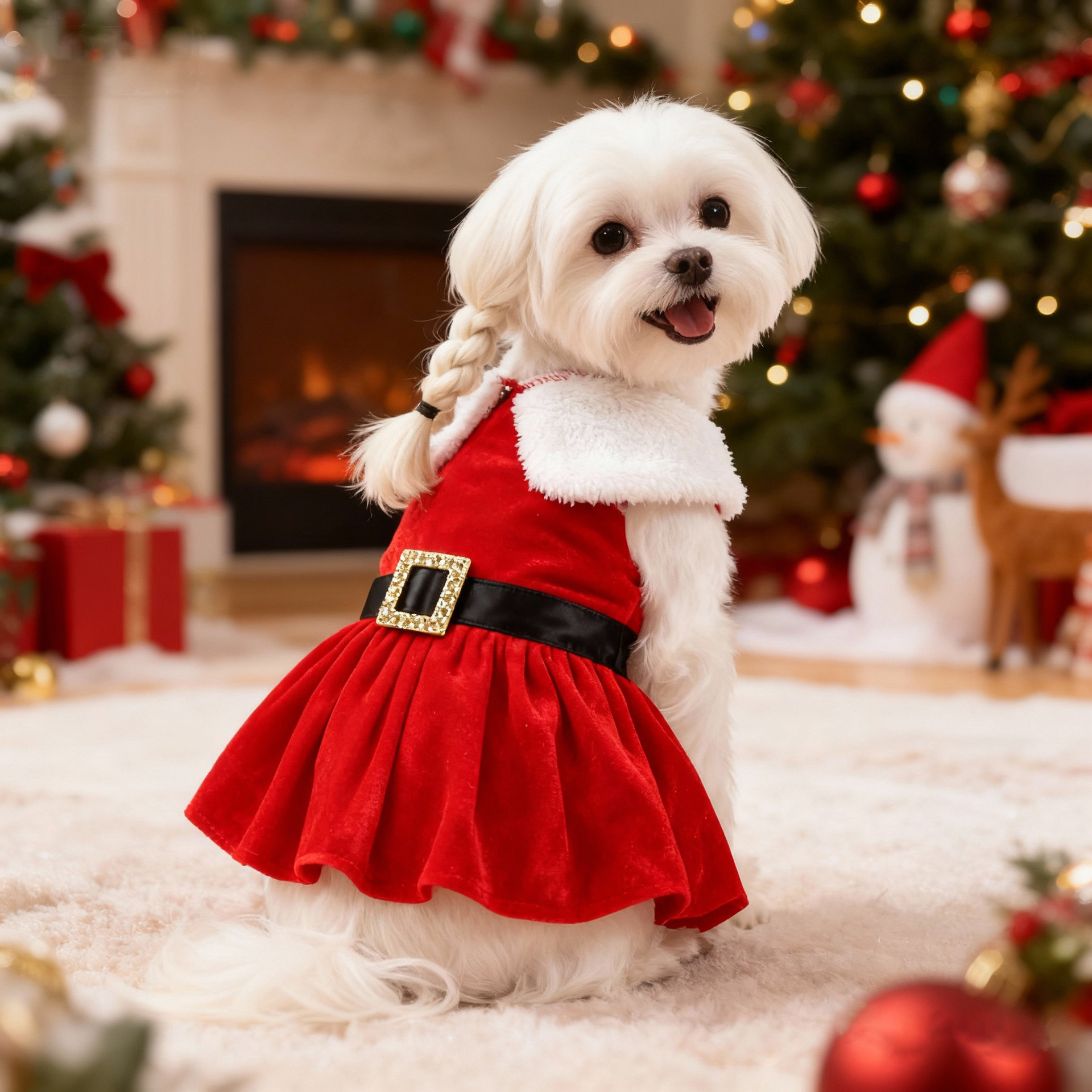 圣诞节日宠物圣诞装扮金丝绒面料圣诞老人装扮裙子宠物圣诞用品