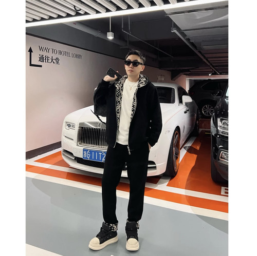 【双面提花套装】冬季厚款双面穿羊毛混纺翻边黑色男士休闲套装
