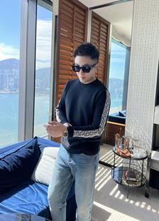 织带提花 新款 羊毛混纺侧边针织衫 男士 休闲装 圆领套头情侣毛衫