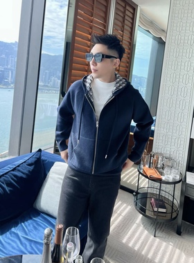 提花毛衣D羊毛混纺厚款连帽大气保暖高级外套男士新款夹克外套