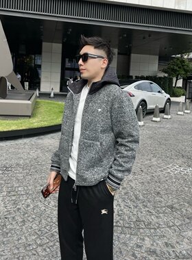 花纱蜜蜂织带男士新款休闲装高级外套冬季重磅羊毛混纺连帽夹克
