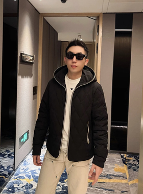 2024秋冬新款男士菱形格90白鸭绒全拉链格纹连帽羽绒服夹克外套