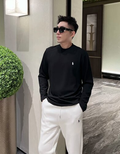 清 小马标小直领莫代尔打底上衣痞帅休闲男装刺绣贴身长袖T恤9957