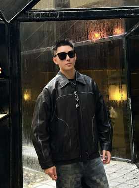 【蓝色弧线】早秋轻奢定制痞帅重工擦色弧线质感翻领皮夹克外套