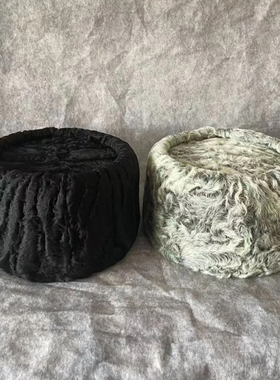俄式保暖帽子真皮卡拉库羔羊平顶男女冬季护耳防风圆顶帽黑灰色