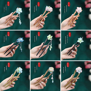 新中式流苏双钗簪子发簪现代简约檀木簪高级感丸子头盘发张钗发饰