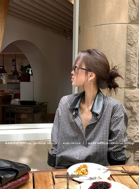 44AaSi 高智感随性感格子拼接皮领廓形衬衫长袖秋冬内搭上衣