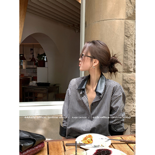 秋冬内搭上衣 长袖 44AaSi 高智感随性感格子拼接皮领廓形衬衫