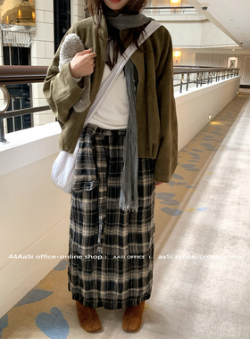 44AaSi 私藏爱裙～复古褶皱格纹翻折ins宽松显瘦休闲半身长裙