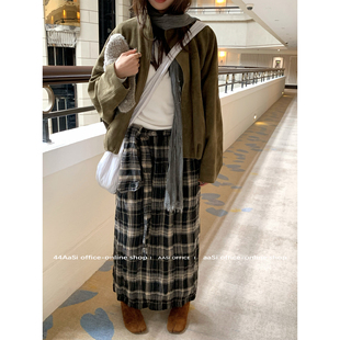 44AaSi 私藏爱裙～复古褶皱格纹翻折ins宽松显瘦休闲半身长裙