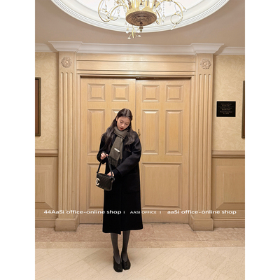 44AaSi 温柔乖乖 50羊毛极简好版型黑色直筒气质毛呢夹棉长款外套