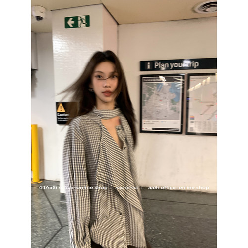 44AaSi 千鸟格设计感木耳边衬衫复古飘带长袖宽松上衣