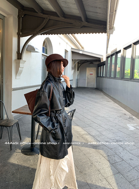 44AaSi 复古摩登 擦色pu牛角扣单排多纽扣中长款夹克风衣皮衣外套