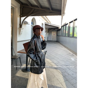 44AaSi 复古摩登 擦色pu牛角扣单排多纽扣中长款夹克风衣皮衣外套