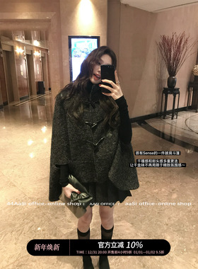 44AaSi 赫拉晚冬 羊毛拼皮斗篷披肩圈圈毛气质秋冬外套