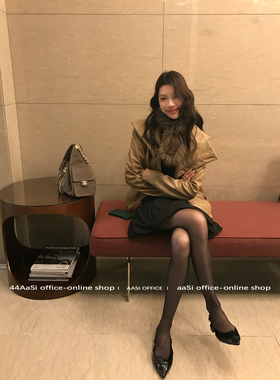 44AaSi【Seoul冷都女】大翻领多结构正肩收腰皮衣秋冬短外套上衣