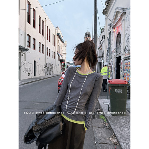 44AaSi 巴塞旧事 拼色假两件高级感小众打底长袖T恤针织宽松秋冬