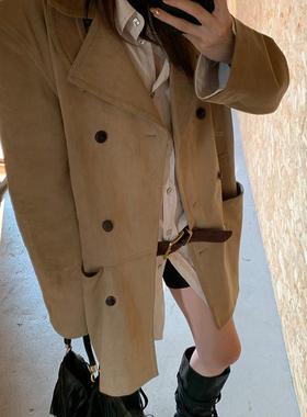 44AaSi【时髦腔调】麂皮外套女双排扣韩系中长款秋冬宽松显瘦上衣