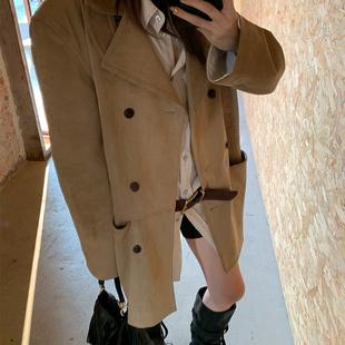 44AaSi【时髦腔调】麂皮外套女双排扣韩系中长款秋冬宽松显瘦上衣