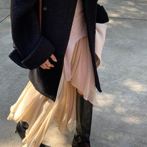 44AaSi 不买睡不着 重工设计感不规则多褶网纱拼接半身裙女韩系