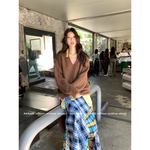 44AaSi 黄油雪尼尔 秋季的第一件毛衣～拼色V领麻花针织套头毛织