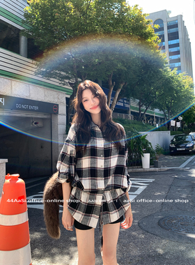 44AaSi 芬兰秋格 腰间收腰设计感复古慵懒松弛廓形显瘦格子衬衫