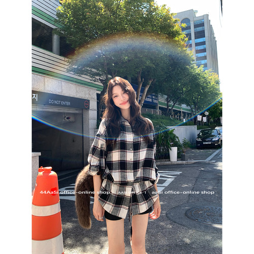 44AaSi 芬兰秋格 腰间收腰设计感复古慵懒松弛廓形显瘦格子衬衫