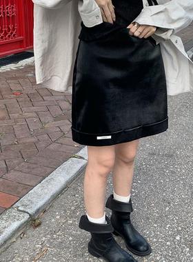 44AaSi 流光缎面 翻边半身裙女高腰设计感短款A字裙